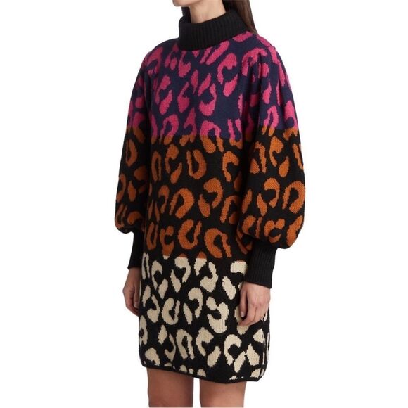 FARM Rio Leopard Pattern Sweater Dress High Neck Multicolored Sz L NWT - Picture 5 of 17